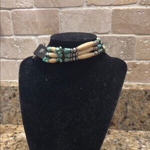 Unique vintage  turquoise, leather and bone collar necklace